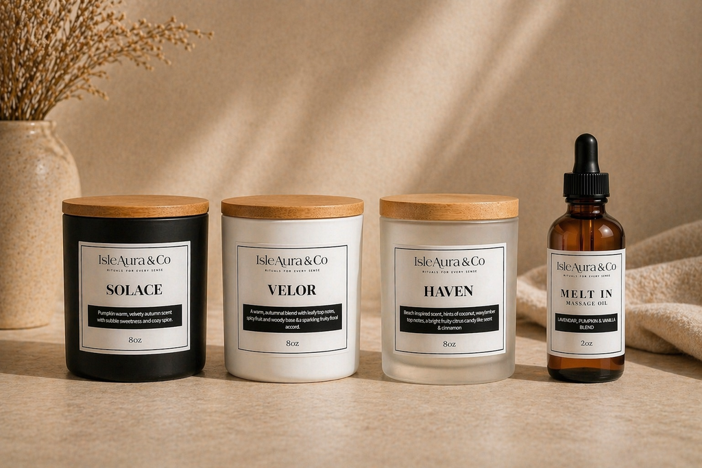 Four candles and a bottle of Isle Aura & Co product on a wooden surface with a neutral background.